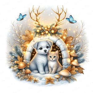 Può includere: Illustrazione digitale di un cucciolo e un gattino in una scena innevata. L'opera d'arte comprende corna dorate, farfalle, funghi e foglie autunnali, creando un design stravagante e festoso.