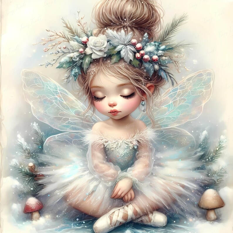 Icy snow fairy ballerina girl in sparkling white tutu with frost crown and glowing wings, resting on red mushroom in winter forest. JPEG 5000x5000 px 300 dpi clipart ideal for Christmas ballerina sublimation art, digital sticker sets, fairy tale printables, winter decor projects, ballet party supplies, and magical nursery designs. Perfect for Etsy creatives seeking enchanted ballerina downloads, snowy clipart bundles, and fantasy ballet-themed artwork.