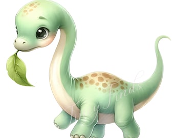 May include: A green baby dinosaur with brown spots, holding a green leaf in its mouth. The dinosaur has large eyes and a long neck.