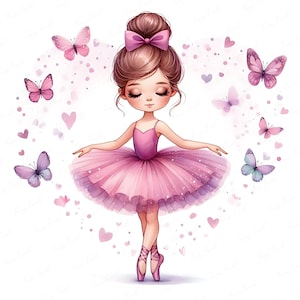 Può includere: Illustrazione ad acquerello di una giovane ballerina con tutù e scarpette rosa. Ha i capelli castani raccolti in uno chignon con un fiocco rosa. Farfalle e cuori la circondano, creando una scena stravagante e aggraziata.