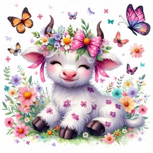 Entzückende Baby Kuh Clipart Bundle, Pastell Kalb in Blumenwiese mit Schmetterlingen, Highland Kuh Art, süßes Kawaii Tier JPEG Kinderzimmer zum Ausdrucken