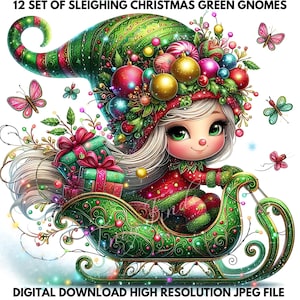 Weihnachten Gnome Clipart Digital Download, festliche grüne Zwerge Schlittenfahrt in einer Weihnachtsszene mit Urlaub Ornamenten für festliche Dekoration,
