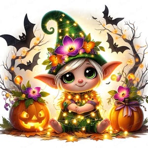 May include: A charming Halloween illustration of an elf wearing a green hat decorated with flowers and fairy lights. Two carved pumpkins and bats are also present. The elf is surrounded by autumn leaves and fairy lights.