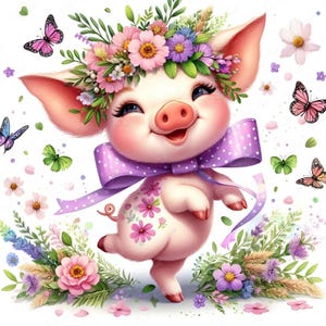 Entzückende Ferkel Clipart Bundle, Pastell Schwein in der Blumenwiese mit Schmetterlingen, Kawaii Tier Nursery Wall Art JPEG 10 Pack, Instant Download