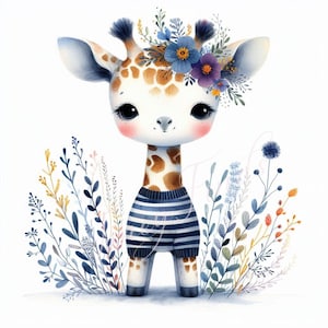 Cute Giraffe Clipart JPEG | Whimsical Baby Giraffe Illustration | Floral Safari Animal Digital Download | Nursery Art | DIY Crafts | 300 DPI