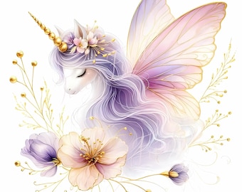 Floral Watercolor Unicorn Clipart Set: Pastel Unicorns, Gold Accents (Digital Download)