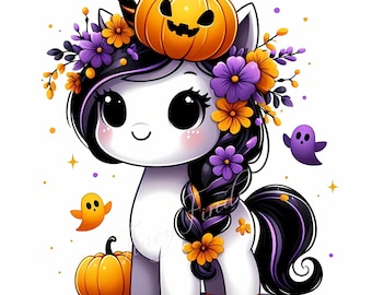 ハロウィンユニコーンのクリップアート｜不気味でかわいいゴシックアート（デジタルダウンロード）
