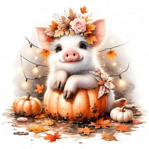 May include: A charming illustration of a white piglet wearing a floral crown, nestled inside a large orange pumpkin. The piglet is surrounded by autumn leaves and small pumpkins, with a string of lights in the background. A whimsical fall-themed image.