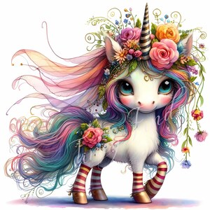 Watercolor Floral Unicorn | Cute Fantasy Unicorn Clipart | Pastel Baby Unicorn Art | High-Resolution 12 JPEG Designs | Commercial Use