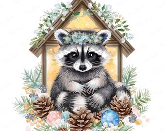 Christmas Raccoon Clipart Bundle: Woodland Holiday Digital Art (JPEG)
