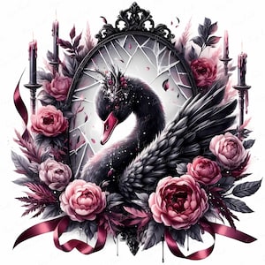 Gothic Schwarzer Schwan Clipart | Dark Floral Vogel Clipart | Hexenkern Halloween Dekor | 12 JPEG-Dateien | Schwarzer Schwan Sublimation | Kommerzielle Nutzung