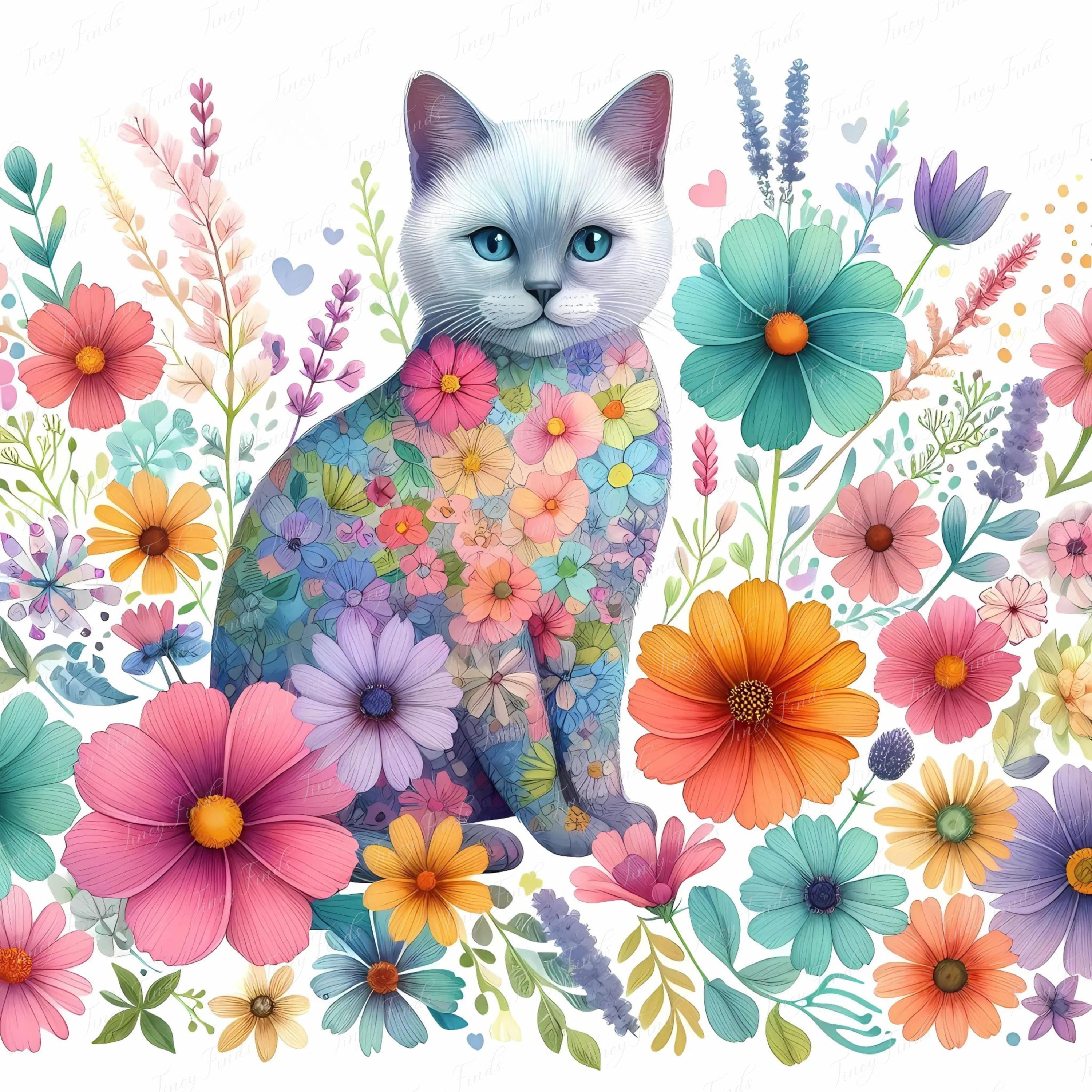 Floral Cat Print: Pastel Spring Flowers, Nursery Wall Art (digital ...