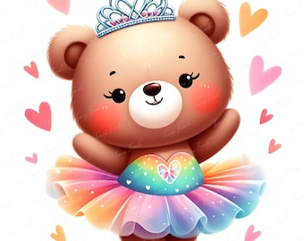 May include: A cute cartoon bear wearing a silver tiara with a pink heart and a rainbow tutu. The bear has rosy cheeks and is surrounded by pink and orange hearts. The image has a whimsical, fairytale theme.