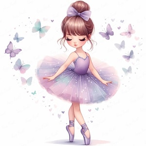 Paarse ballerina meisje clipart bundel, pastel balletdanser met vlinders jpeg, 12 kwekerij ballet meisje digitale kunst, kinderen dans afdrukbare