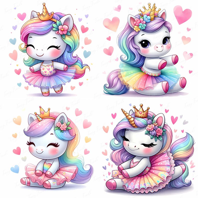 Pastel Unicorn Princess Clipart: Kawaii Ballerina Illustration (JPEG ...