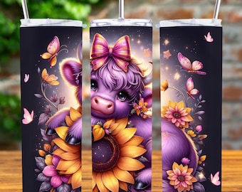 Purple Highland Cow Tumbler Wrap: Sunflower PNG (Digital Download)
