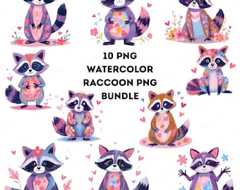 Paquete de imágenes prediseñadas de mapaches en acuarela: 10 imágenes PNG de animales del bosque (descarga digital)