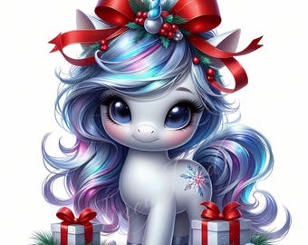May include: A cute white unicorn with blue, purple, and pink hair, a red bow, and a snowflake design on its side. The unicorn is surrounded by gifts and ornaments, perfect for the holiday season.