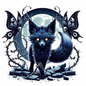 Gothic Moonlit Fuchs Clipart mit Schmetterling | Gruselige Fantasy Tier Print | Dark Witchcore Kinderzimmer Halloween Kunst | 10 JPEG | Kommerzielle Nutzung