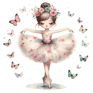 Vintage Ballerina Girl Clipart with Butterflies 12 JPEG | Floral Ballet Girl Illustration | Tutu Dancer Art | Nursery Wall Decor Download