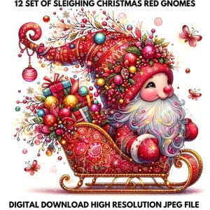 Fröhliche Weihnachtszwerge bündeln Rodeln im weihnachtroten Schlittendesign, digitaler Download, Weihnachtscliparts für Handwerksliebhaber