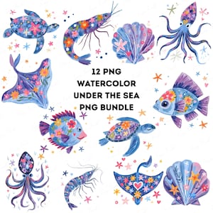 Watercolor Under the Sea PNG Bundle | Cute Ocean Animal Clipart | Sea Turtle Octopus Shell Fish PNG | Marine Sublimation Printable Clip Art