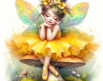Yellow Fairy Ballerina Art: Enchanted Woodland Nursery Decor (JPEG Download)