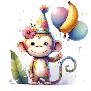 Safari singe avec ballons et chapeau | Clipart animal fête de la jungle 12 JPEG | Bébé singe imprimable | Haute résolution 300 ppp | Clipart chambre d'enfant