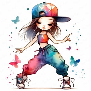 Coloré Street Dancer Girl ClipArt | Impression numérique Cool Kids | affiche de fille de fête de danse | Haute qualité 12 JPEG | Déco pour chambre de fille à télécharger