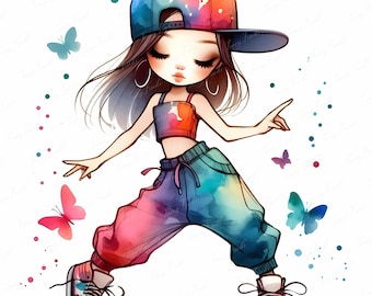 May include: Illustration of a dancing figure in colorful watercolor style. The figure wears a backwards baseball cap, crop top, and baggy pants, all in a rainbow gradient. Butterflies and colorful dots float around the figure.