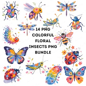Watercolor Floral Insect PNG Clipart | Cute Butterflies, Bees, Ladybugs for Sublimation, Stickers, Tags, DIY Scrapbook, Printable Bundle
