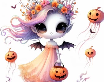 Clipart floral fantôme : citrouille d'Halloween pastel kawaii (téléchargement numérique)