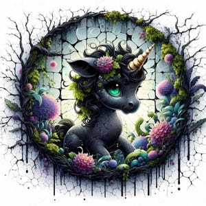 Clipart de unicórnio de fantasia sombria | Arte de parede para berçário com efeito estufa da Witchcore | Pacote com 10 unicórnios góticos em JPEG | Arte de animais góticos | Uso comercial