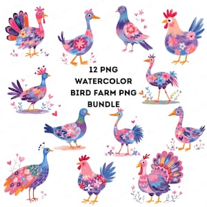 Paquete de imágenes prediseñadas de aves de granja en acuarela / 12 imágenes PNG de aves de campo / Lindos y coloridos animales de granja para impresiones de guardería, sublimación, pegatinas y manualidades