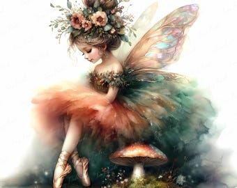 May include: Watercolor illustration of a fairy in a ballet pose. The fairy has a flower crown, iridescent wings, and a layered orange and green tutu. She wears ballet shoes and sits near a mushroom.