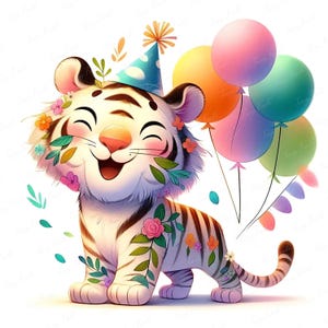 Joli anniversaire de bébé tigre, clipart floral fête tigre, bébé animal safari dans la jungle à imprimer, aquarelle tigre avec des ballons, art pour chambre d'enfant