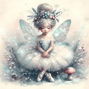 Graceful ballerina fairy winter girl on mushroom, sparkling snowflakes, ballet shoes, icy wings and forest magic. JPEG 5000x5000 px, 300 dpi for use in card making, sublimation projects, ballet stickers, wall prints, seasonal journaling, and enchanted digital art. Etsy trending digital download for holiday ballerina clipart, fantasy girl graphics, winter wonderland crafts, nursery fairy decor, and high-resolution ballerina fairy scene for festive designs.