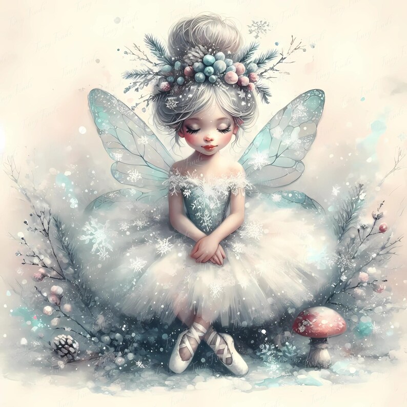 Graceful ballerina fairy winter girl on mushroom, sparkling snowflakes, ballet shoes, icy wings and forest magic. JPEG 5000x5000 px, 300 dpi for use in card making, sublimation projects, ballet stickers, wall prints, seasonal journaling, and enchanted digital art. Etsy trending digital download for holiday ballerina clipart, fantasy girl graphics, winter wonderland crafts, nursery fairy decor, and high-resolution ballerina fairy scene for festive designs.