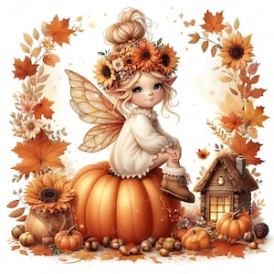 Autumn Fairy Clipart Bundle - Fall Pumpkin Fairy 10 JPEG - Whimsical Little Elf Digital Download - Sunflower Maple Leaf Scrapbook Graphics