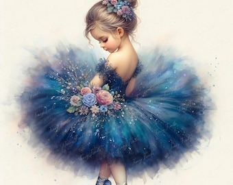 Watercolor Ballerina Print: Blue Tutu, Floral Dress Nursery Decor (Digital Download)