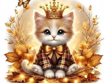 Autumn Kitten Clipart Bundle: Pumpkin Crowned Cat, Fall Animal Art (JPEG Digital Download)