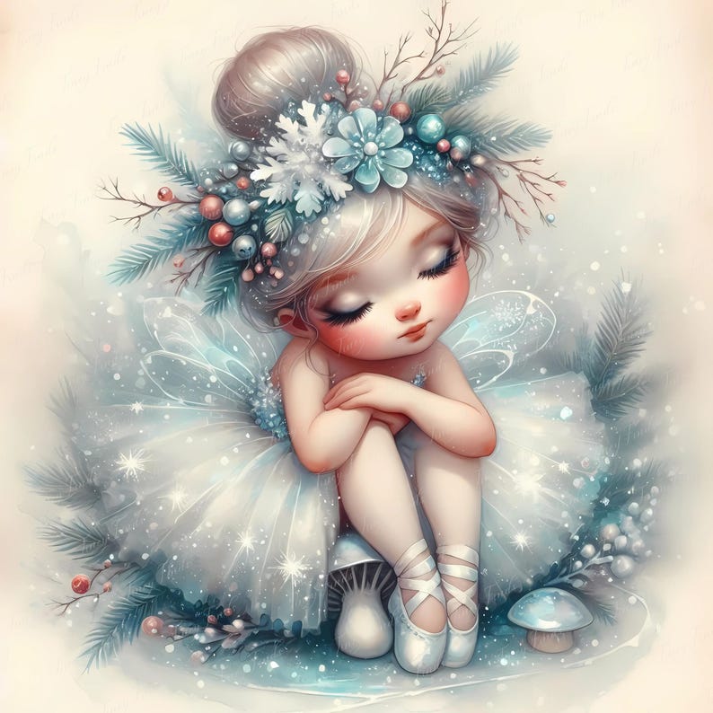 Fantasy ballerina winter fairy sitting on red mushroom, dressed in snowflake tutu and pine greenery crown, glowing wings in frosty forest scene. JPEG 5000x5000 px 300 dpi for sublimation art, ballet birthday clipart, Christmas crafting, sticker kits, winter wall decor, and seasonal greeting cards. Perfect for Etsy customers wanting magical snow fairy clipart, woodland ballerina printables, enchanted nursery decor, and frosty holiday sublimation designs.