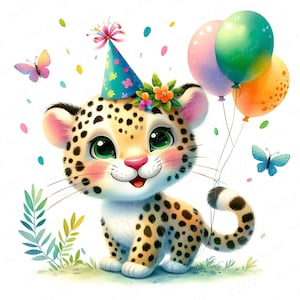 Clipart animal léopard Safari avec des ballons | Animal de fête d'anniversaire de la jungle JPEG | Wild One Baby Shower imprimable | 12 JPEG Téléchargement instantané