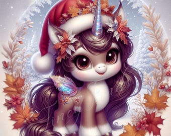 May include: A brown and white unicorn with a red Santa hat, a rainbow horn, and a butterfly wing. The unicorn is surrounded by fall leaves and a snowy background.