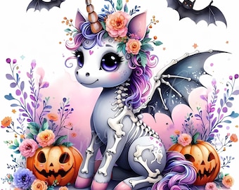 Halloween Skeleton Unicorn Clipart: Spooky Pastel Goth Unicorns (JPEG)