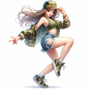 May include: An illustration of a person in a dynamic pose, wearing a camouflage jacket, cap, and sneakers. The outfit includes a green crop top and distressed denim shorts. The person has long brown hair and is wearing gold jewelry.