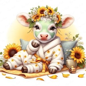 Adorable bébé vache Spa Clipart, veau tournesol en robe de 12 JPEG, art relaxant animal mignon pour chambre de bébé, sublimation et décoration imprimable