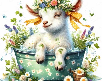 Spa Goat Clipart Bundle: Floral Bath Art, Farm Animal Decor (10 JPEG Digital Download