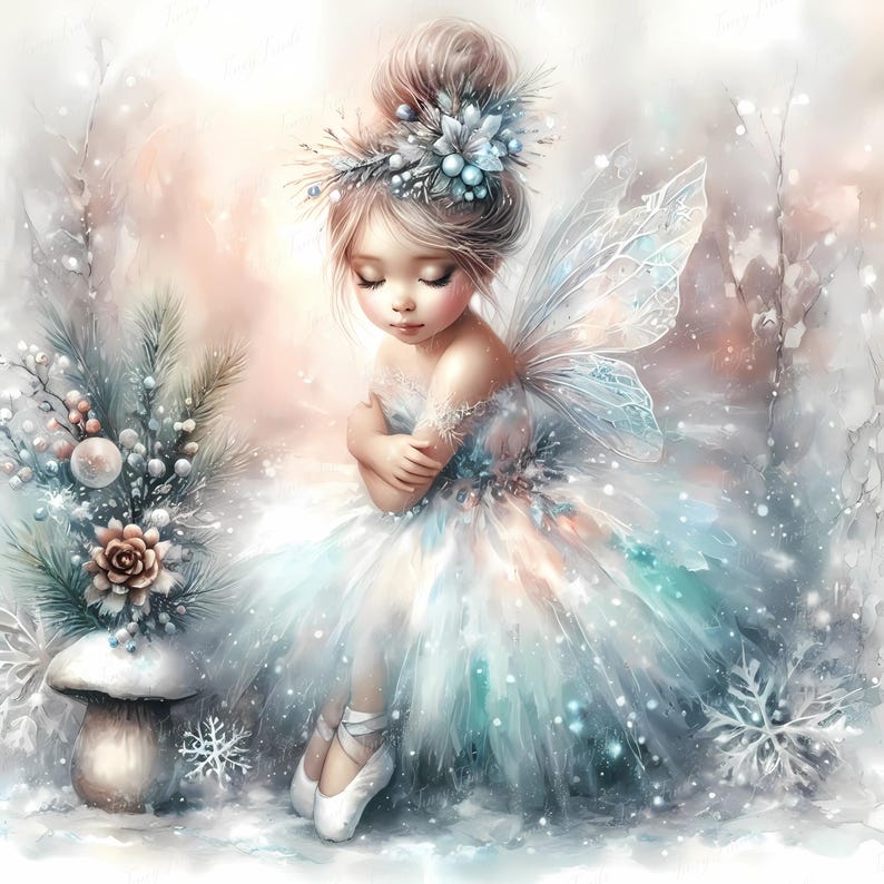 Elegant snow fairy ballerina clipart with fluffy tutu, sparkly wings, white frost elements, and pine cone crown. JPEG format 5000x5000 px, 300 dpi. Use for festive stickers, sublimation gifts, wall art, card making, digital journaling, and whimsical nursery posters. Perfect winter ballerina illustration for Etsy buyers searching for Christmas ballerina girl clipart, enchanted fairy downloads, holiday sublimation graphics, and winter fantasy digital prints.