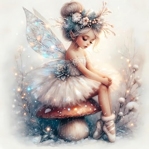 Winter fairy ballerina girl with shimmering icy wings and fluffy white tutu, sitting on a snow-covered mushroom in magical forest scene. JPEG format, 5000x5000 pixels, 300 dpi, perfect for sublimation art, ballet sticker kits, winter wall prints, holiday cards, and seasonal crafting. Ideal for Etsy buyers creating fantasy ballerina clipart, enchanted woodland designs, Christmas fairy art for mugs, planners, digital scrapbooks, and cozy printable art bundles.